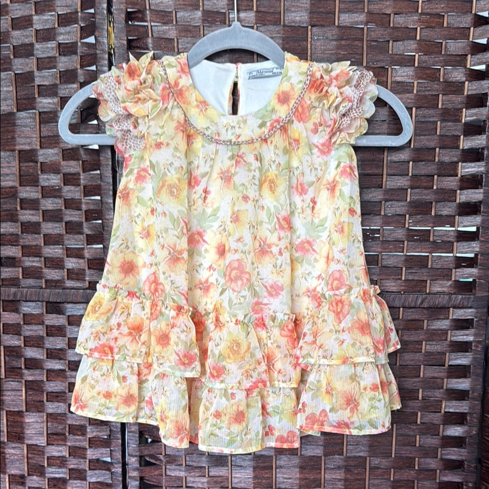 Girls 2 92 Mayoral chiffon Yellow and Orange Floral dress vintage style